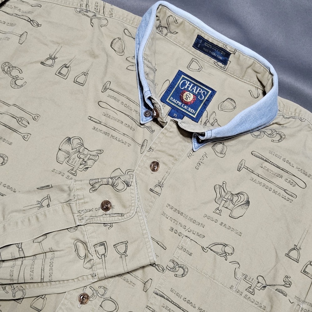 Chaps x Ralph Lauren Equestrian Horse Print Button Down Collared Brown Shirt‎ XL